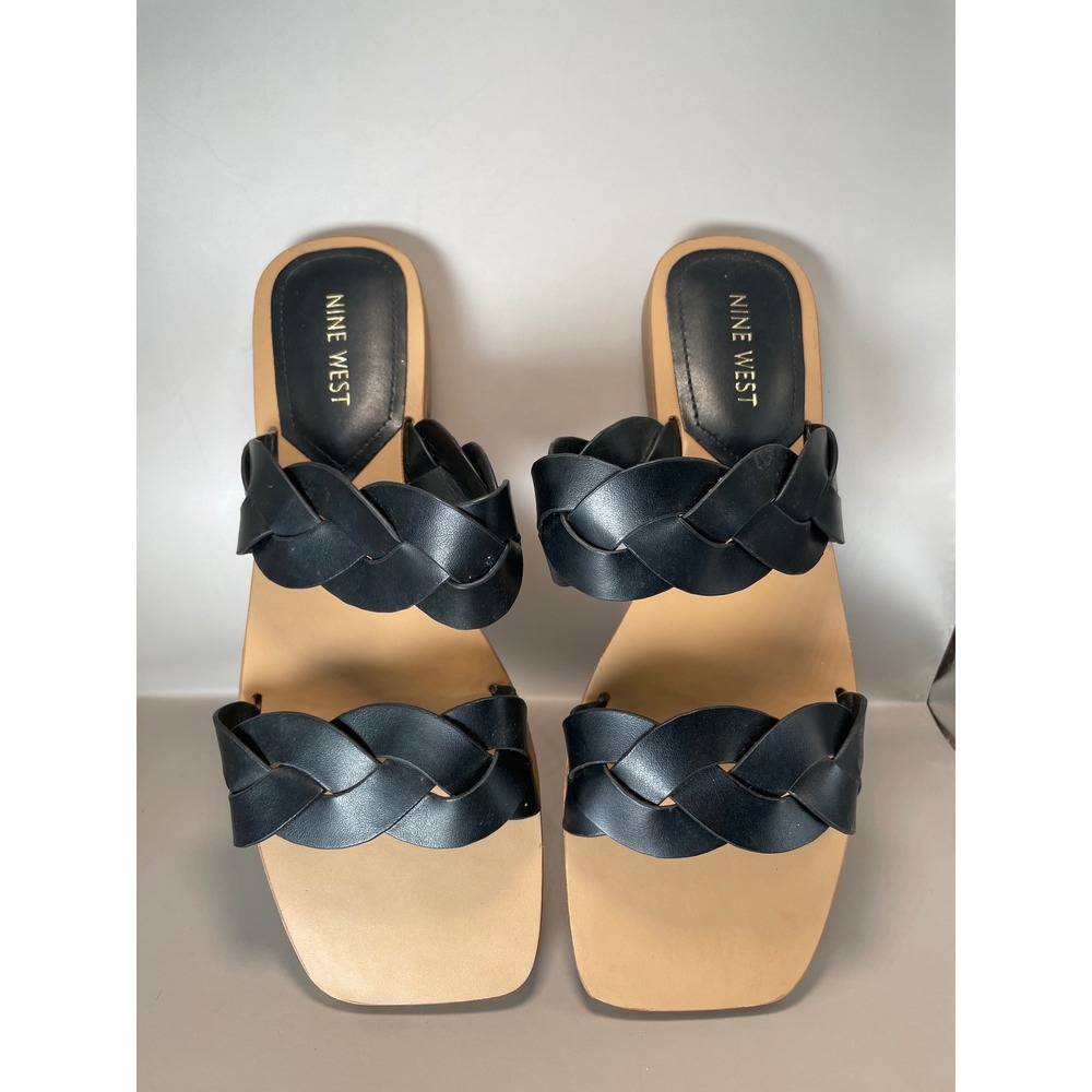 Nine West Womens Black Braided Double Strap Slide Sandals Square Toe Flat 9M